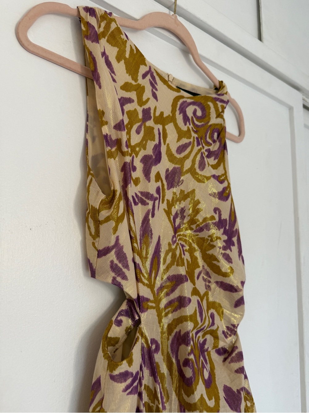 Zara Cream Dress with Purple & Gold Swirl Print
